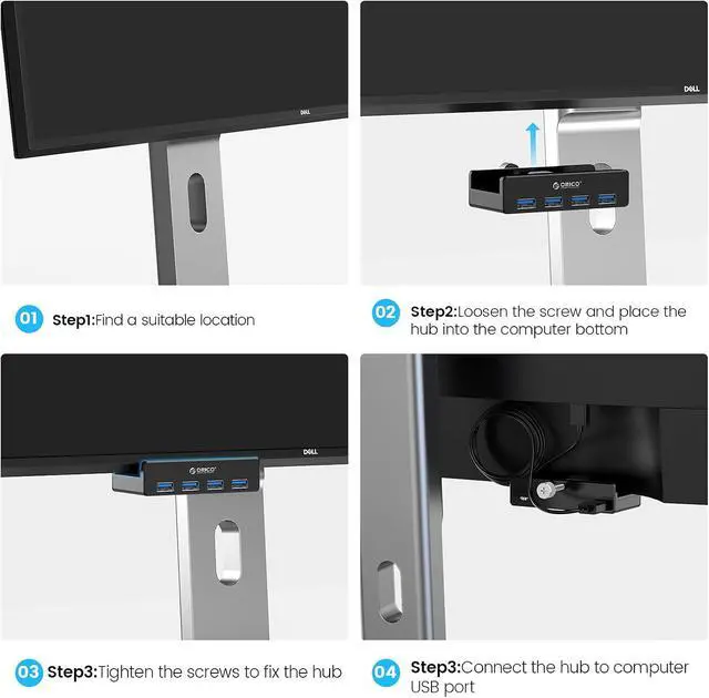 Alt view image 7 of 7 - ORICO USB 3.0 Hub, USB Hub Clamp, Aluminum 4-Port USB Splitter with Extra Power Supply Port and 4.92 FT USB Data Cable, Desktop Powered USB Hub for Monitors/Desks-Black (Without Power Adapter)