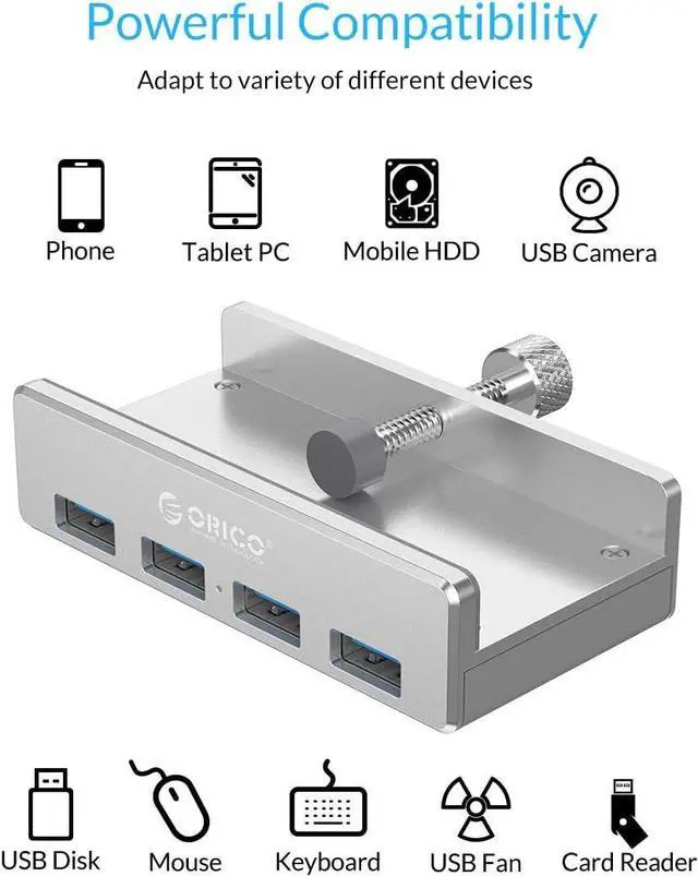 Alt view image 2 of 7 - ORICO USB 3.0 Hub Clamp Adapter, Aluminum 4-Port USB Splitter with Extra Power Supply Port and 4.92 FT USB Data Cable, Ultra-Portable USB Expander for 2021 iMac/Laptop/PC