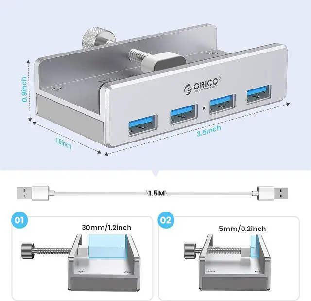 Alt view image 3 of 7 - ORICO USB 3.0 Hub Clamp Adapter, Aluminum 4-Port USB Splitter with Extra Power Supply Port and 4.92 FT USB Data Cable, Ultra-Portable USB Expander for 2021 iMac/Laptop/PC