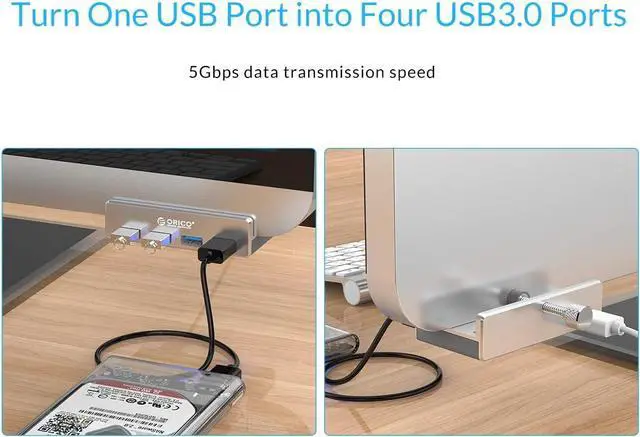 Alt view image 4 of 7 - ORICO USB 3.0 Hub Clamp Adapter, Aluminum 4-Port USB Splitter with Extra Power Supply Port and 4.92 FT USB Data Cable, Ultra-Portable USB Expander for 2021 iMac/Laptop/PC