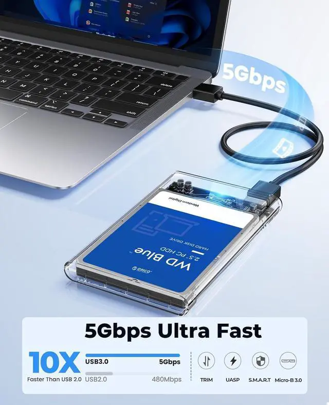 Alt view image 4 of 7 - ORICO 2.5'' External Hard Drive Enclosure USB 3.0 to SATA III Tool-Free Clear Hard Disk Case for 2.5 inch 7mm 9.5mm SATA HDD SSD Max 6TB Support UASP(2139U3)