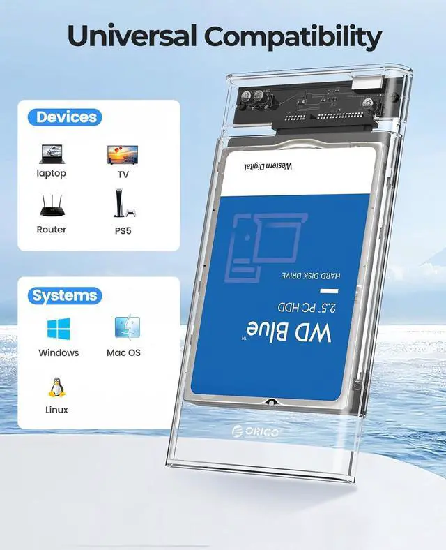 Alt view image 6 of 7 - ORICO 2.5'' External Hard Drive Enclosure USB 3.0 to SATA III Tool-Free Clear Hard Disk Case for 2.5 inch 7mm 9.5mm SATA HDD SSD Max 6TB Support UASP(2139U3)