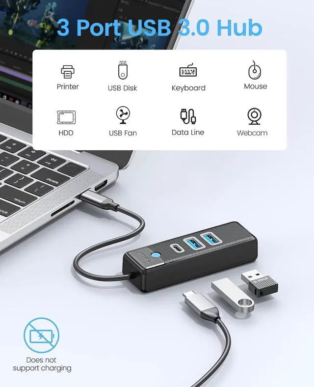 Alt view image 2 of 6 - ORICO USB C Hub 3 Ports USB 3.1 Type C to USB 3.0 Hub Adapter with 2 USB A, 1 Type C for Laptop, Mobile Phone, Tablet with 0.5ft Cable, Compatible with Mac OS 10.X and Above, Linux, Android