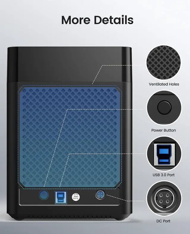 Alt view image 5 of 7 - ORICO 5 Bay 3.5inch Hard Drive Enclosure USB 3.0 to SATA Magnetic Tool-Free External HDD Docking Station Case with 12V/6.5A Power Adapter for Family Storage Expansion Up to 90TB (5x18) - DS500U3