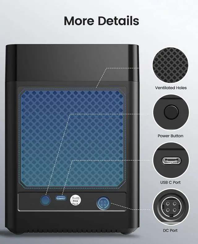 Alt view image 5 of 7 - ORICO 5 Bay 3.5 Inch Hard Drive Enclosure USB C to SATA Magnetic Tool-Free External HDD Enclosure with 12V/6.5A Power Adapter for Family Storage Expansion Up to 90TB(5x18) - DS500C3