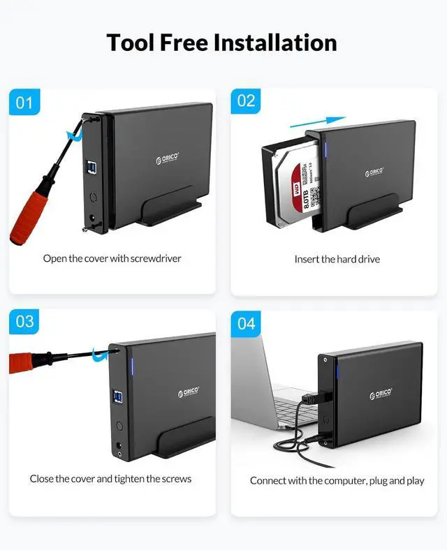 Alt view image 5 of 7 - ORICO 3.5 Inch External Hard Drive Enclosure with Removable Enclosure USB 3.0 to SATA 3.0 5Gbps for SATA 3.5 Inch HDD with 12V 2A Power Supply Adapter (16TB Max, Blue Display) 7688U3