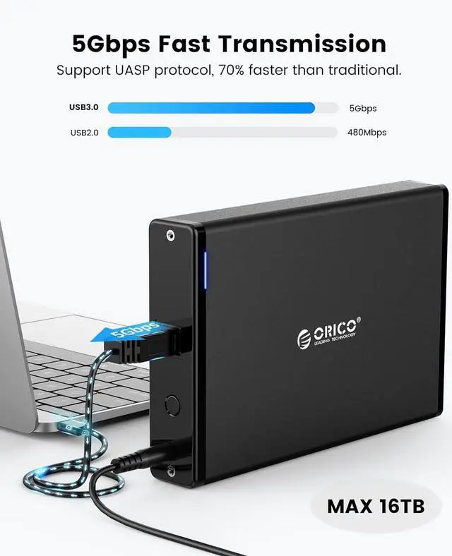 Alt view image 4 of 7 - ORICO 3.5 Inch External Hard Drive Enclosure with Removable Enclosure USB 3.0 to SATA 3.0 5Gbps for SATA 3.5 Inch HDD with 12V 2A Power Supply Adapter (16TB Max, Blue Display) 7688U3