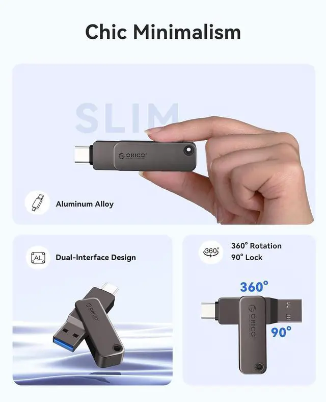 Alt view image 3 of 7 - ORICO USB 3.0 Flash Drive 150MB/S Metal Housing Swivel Design Support OTG Function 2 in 1 PenDrive 32GB for USB C and USB A Devices -EB05 OR