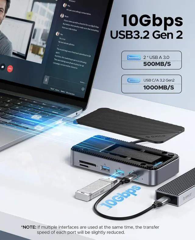 Alt view image 5 of 6 - USB C Hub with M.2 SSD Enclosure, New Upgrade ORICO 10-in-1 USB-C Docking Station with Built in fan, 10Gbps USB 3.2 Gen2 M.2 NVMe SSD Reader, Support 4K@60Hz HDMI, 100W PD, Ethernet, SD/TF - DPM2P9-V1