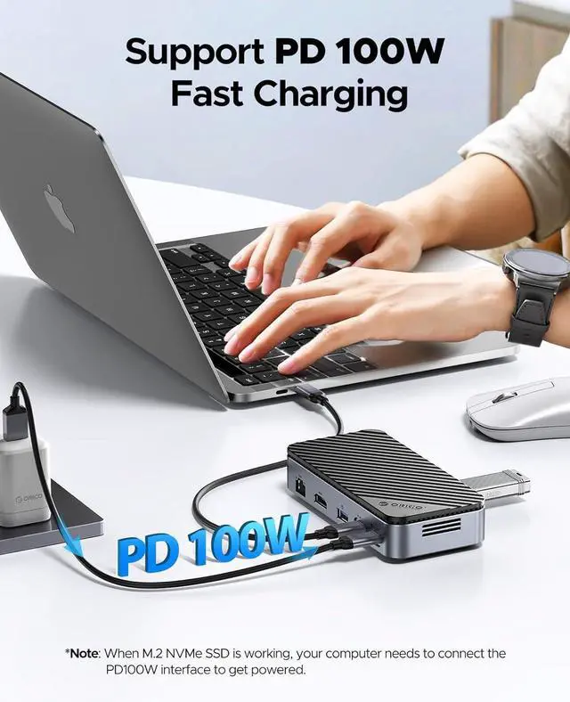 Alt view image 6 of 6 - USB C Hub with M.2 SSD Enclosure, New Upgrade ORICO 10-in-1 USB-C Docking Station with Built in fan, 10Gbps USB 3.2 Gen2 M.2 NVMe SSD Reader, Support 4K@60Hz HDMI, 100W PD, Ethernet, SD/TF - DPM2P9-V1