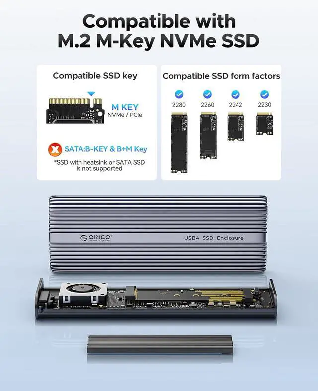 Alt view image 4 of 7 - ORICO 40Gbps M.2 NVMe SSD Enclosure with Cooling Fan, Tool Free Aluminum M.2 Adapter Compatible with Thunderbolt 4/3 USB3.2/3.1/3.0/2.0, Max 8TB Capacity-ACOM2