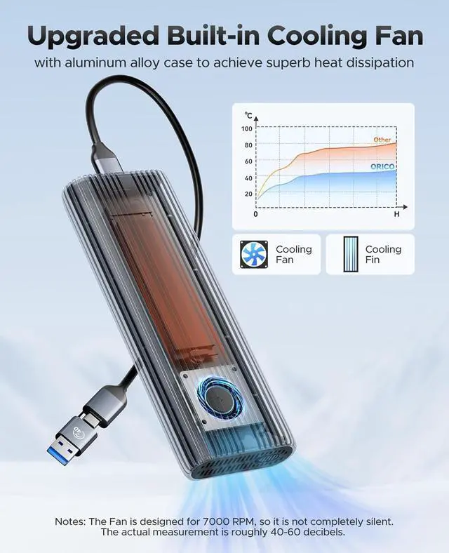 Alt view image 3 of 7 - ORICO 40Gbps M.2 NVMe SSD Enclosure with Cooling Fan, Tool Free Aluminum M.2 Adapter Compatible with Thunderbolt 4/3 USB3.2/3.1/3.0/2.0, Max 8TB Capacity-ACOM2