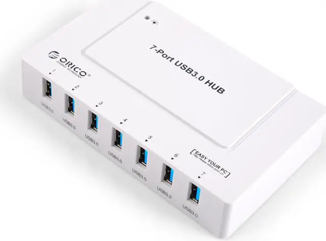 Main image of ORICO  7 Port USB 3.0 SuperSpeed Hub with 36W Power Adapter - VIA VL812 Chipset - Windows, Mac OS X, and Linux Support - Full USB 2.0 Backwards Compatibility  -White (H9978-U3)