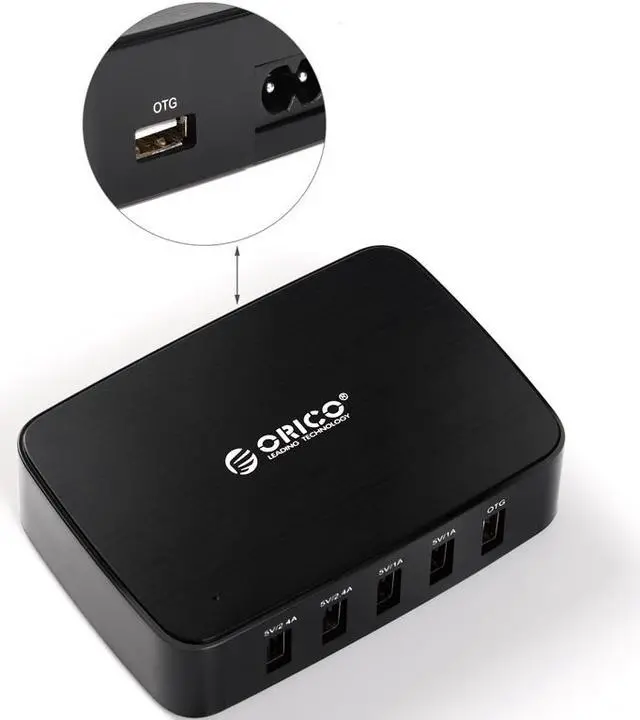 Alt view image 3 of 7 - ORICO 40W 5-Port USB Charger with OTG Access to Android or Windows Smartphones, Tablets, 2x5V 2.4A Charging Ports with Quick Charge Technology and 3x5V 1A Regular Ports - Black (DCT-5U)