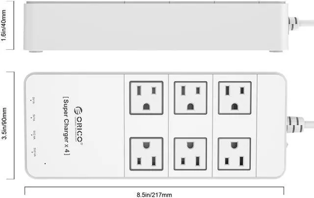 Alt view image 5 of 13 - ORICO 6 Outlet Power Strip with Surge Protector, Built-in 5 Ft. Cord, 4 USB Intelligence Charging Ports (2*5V2.4A + 2*5V1A) for iPhone, iPad, Galaxy S6 / S6 Edge, Nexus and More - White (TPC-6A4U-WH)