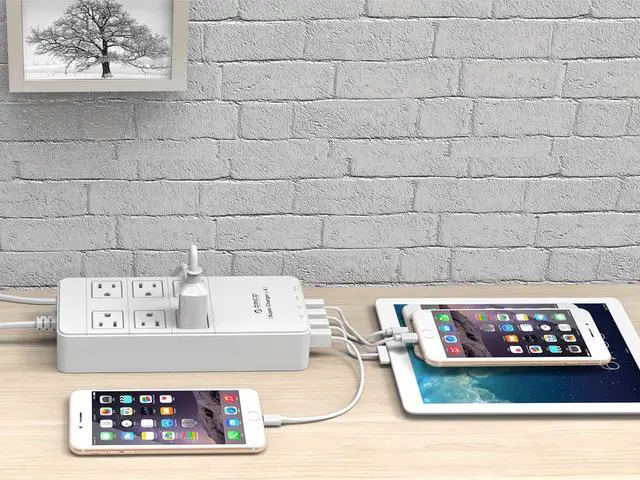 Alt view image 2 of 13 - ORICO 6 Outlet Power Strip with Surge Protector, Built-in 5 Ft. Cord, 4 USB Intelligence Charging Ports (2*5V2.4A + 2*5V1A) for iPhone, iPad, Galaxy S6 / S6 Edge, Nexus and More - White (TPC-6A4U-WH)