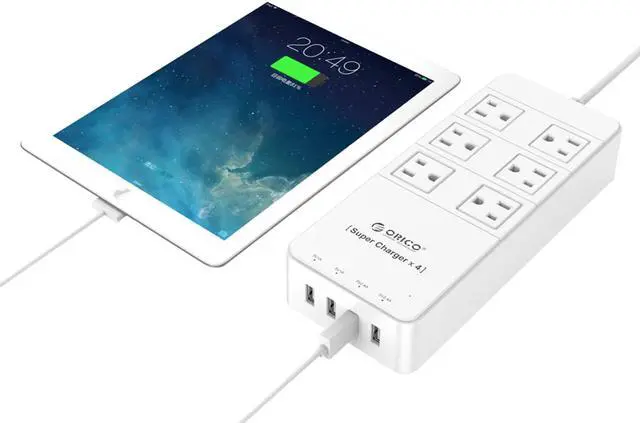 Alt view image 6 of 13 - ORICO 6 Outlet Power Strip with Surge Protector, Built-in 5 Ft. Cord, 4 USB Intelligence Charging Ports (2*5V2.4A + 2*5V1A) for iPhone, iPad, Galaxy S6 / S6 Edge, Nexus and More - White (TPC-6A4U-WH)