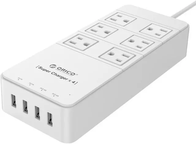 Main image of ORICO 6 Outlet Power Strip with Surge Protector, Built-in 5 Ft. Cord, 4 USB Intelligence Charging Ports (2*5V2.4A + 2*5V1A) for iPhone, iPad, Galaxy S6 / S6 Edge, Nexus and More - White (TPC-6A4U-WH)