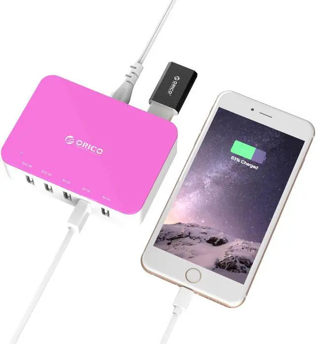 Alt view image 4 of 5 - ORICO 40W 5-Port USB Charger 2 x 5V2.4A Super Charger & 3 x 5V1A Regular Ports OTG to Android or Windows Smartphones, Tablets, iPhone, iPad - Pink (CST-5U)