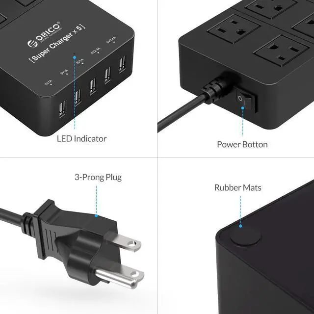 Alt view image 4 of 7 - ORICO 8 Outlet Power Strip Built-in 5 Ft. Cord, 5 USB Intelligence Charging Ports for Home & Office  iPhone 7/7Puls/6S/6S P , iPad, Samsung Galaxy S6 /S6 Edge, Nexus and More - Black (HPC-8A5U)