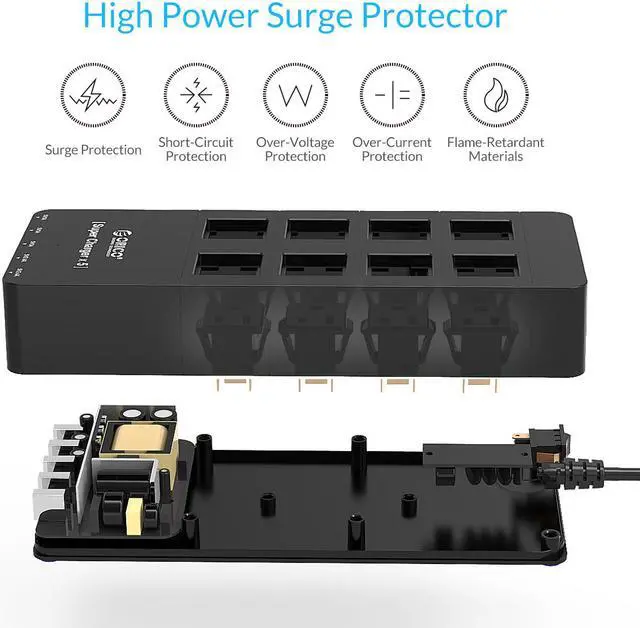Alt view image 3 of 7 - ORICO 8 Outlet Power Strip Built-in 5 Ft. Cord, 5 USB Intelligence Charging Ports for Home & Office  iPhone 7/7Puls/6S/6S P , iPad, Samsung Galaxy S6 /S6 Edge, Nexus and More - Black (HPC-8A5U)