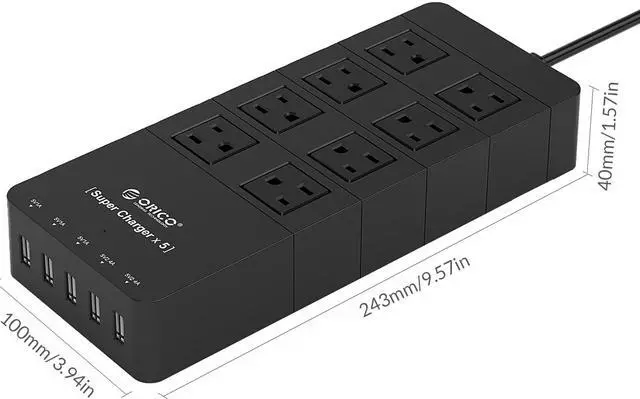 Alt view image 7 of 7 - ORICO 8 Outlet Power Strip Built-in 5 Ft. Cord, 5 USB Intelligence Charging Ports for Home & Office  iPhone 7/7Puls/6S/6S P , iPad, Samsung Galaxy S6 /S6 Edge, Nexus and More - Black (HPC-8A5U)