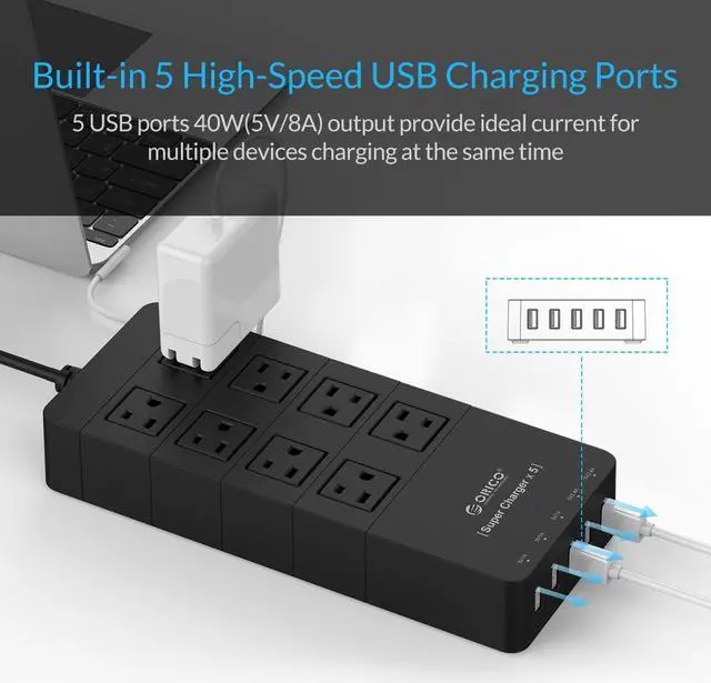 Alt view image 2 of 7 - ORICO 8 Outlet Power Strip Built-in 5 Ft. Cord, 5 USB Intelligence Charging Ports for Home & Office  iPhone 7/7Puls/6S/6S P , iPad, Samsung Galaxy S6 /S6 Edge, Nexus and More - Black (HPC-8A5U)