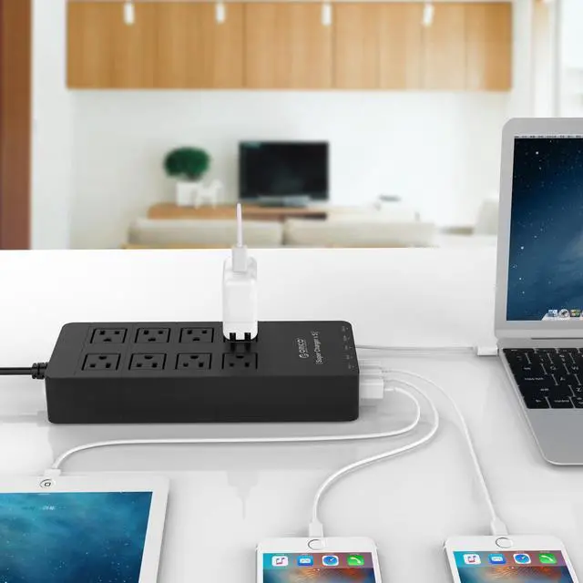 Alt view image 5 of 7 - ORICO 8 Outlet Power Strip Built-in 5 Ft. Cord, 5 USB Intelligence Charging Ports for Home & Office  iPhone 7/7Puls/6S/6S P , iPad, Samsung Galaxy S6 /S6 Edge, Nexus and More - Black (HPC-8A5U)