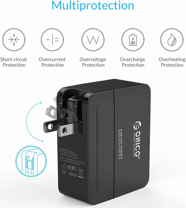 Alt view image 3 of 7 - ORICO Compact Dual Port USB Wall Charger with Foldable Plug for Apple iPhone 7/ 7plus/ 6S, iPad Air 2, Samsung Galaxy - Black