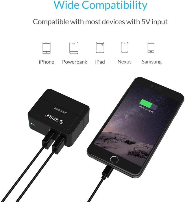 Alt view image 5 of 7 - ORICO Compact Dual Port USB Wall Charger with Foldable Plug for Apple iPhone 7/ 7plus/ 6S, iPad Air 2, Samsung Galaxy - Black