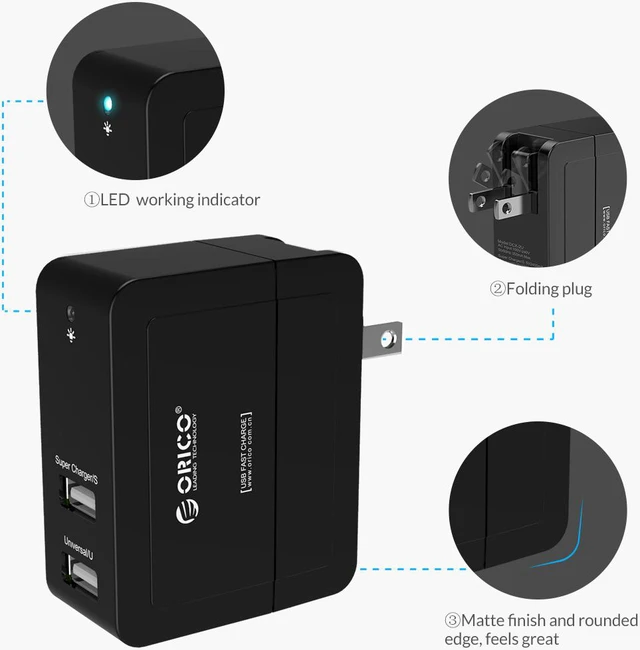 Alt view image 4 of 7 - ORICO Compact Dual Port USB Wall Charger with Foldable Plug for Apple iPhone 7/ 7plus/ 6S, iPad Air 2, Samsung Galaxy - Black