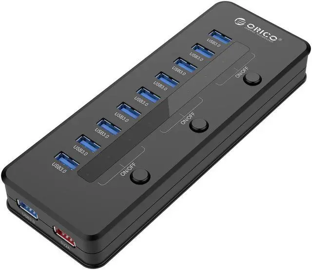 Main image of ORICO 10 Port Super Speed USB3.0 Hub with Smart 5V 2.1A Charging Port Come with 12V 4A Power Adapter and 3 Sets ON/OFF Power Switches  for Windows / Linux / Mac OS -Black (H10C1-U3-US)