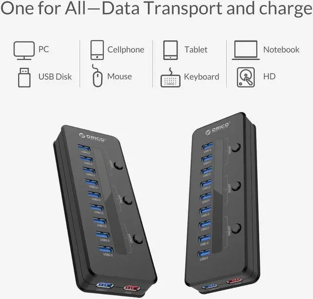Alt view image 4 of 7 - ORICO 10 Port Super Speed USB3.0 Hub with Smart 5V 2.1A Charging Port Come with 12V 4A Power Adapter and 3 Sets ON/OFF Power Switches  for Windows / Linux / Mac OS -Black (H10C1-U3-US)