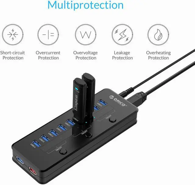 Alt view image 6 of 7 - ORICO 10 Port Super Speed USB3.0 Hub with Smart 5V 2.1A Charging Port Come with 12V 4A Power Adapter and 3 Sets ON/OFF Power Switches  for Windows / Linux / Mac OS -Black (H10C1-U3-US)