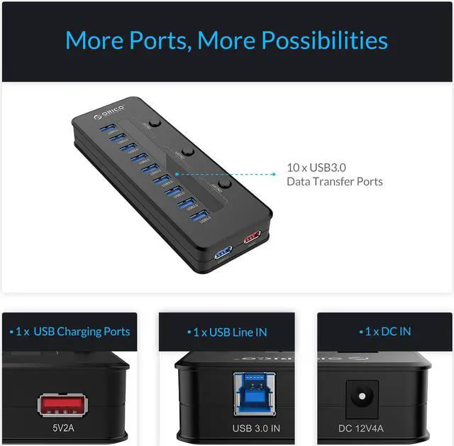 Alt view image 2 of 7 - ORICO 10 Port Super Speed USB3.0 Hub with Smart 5V 2.1A Charging Port Come with 12V 4A Power Adapter and 3 Sets ON/OFF Power Switches  for Windows / Linux / Mac OS -Black (H10C1-U3-US)