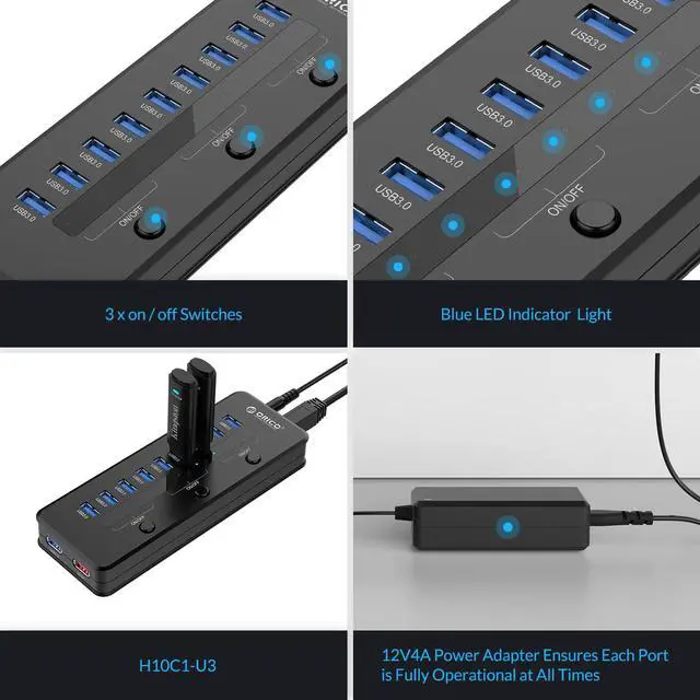 Alt view image 3 of 7 - ORICO 10 Port Super Speed USB3.0 Hub with Smart 5V 2.1A Charging Port Come with 12V 4A Power Adapter and 3 Sets ON/OFF Power Switches  for Windows / Linux / Mac OS -Black (H10C1-U3-US)