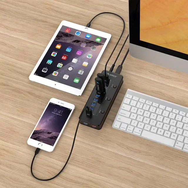 Alt view image 7 of 7 - ORICO 10 Port Super Speed USB3.0 Hub with Smart 5V 2.1A Charging Port Come with 12V 4A Power Adapter and 3 Sets ON/OFF Power Switches  for Windows / Linux / Mac OS -Black (H10C1-U3-US)