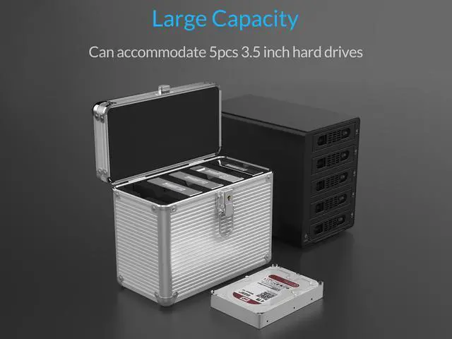 Alt view image 4 of 14 - ORICO Aluminum Hand-held Multi-protection 5 Bay 3.5 inch HDD Protective Storage Carrying Box with Security Lock - Silver (BSC35-05)