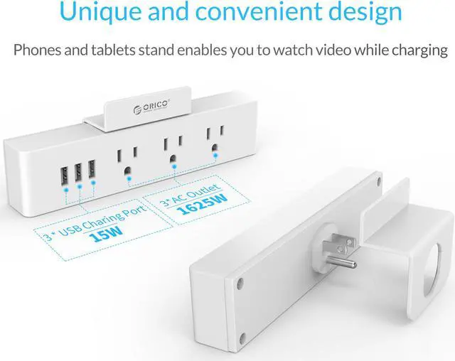 Alt view image 2 of 7 - ORICO Wall Mount 3 Outlets Power Strip 3 USB Charging Ports with Phone Holder Stand 5-foot Heavy Duty Extension Cord for Home, Office, Travel and Business -White