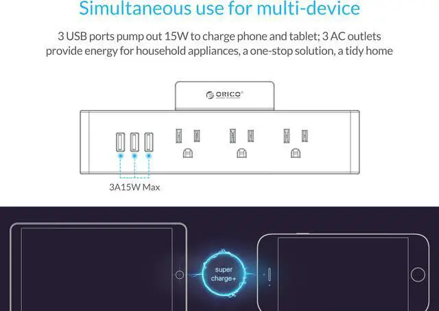 Alt view image 3 of 7 - ORICO Wall Mount 3 Outlets Power Strip 3 USB Charging Ports with Phone Holder Stand 5-foot Heavy Duty Extension Cord for Home, Office, Travel and Business -White