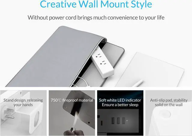 Alt view image 4 of 7 - ORICO Wall Mount 3 Outlets Power Strip 3 USB Charging Ports with Phone Holder Stand 5-foot Heavy Duty Extension Cord for Home, Office, Travel and Business -White