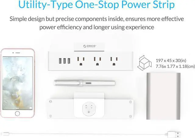 Alt view image 7 of 7 - ORICO Wall Mount 3 Outlets Power Strip 3 USB Charging Ports with Phone Holder Stand 5-foot Heavy Duty Extension Cord for Home, Office, Travel and Business -White