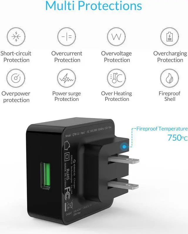 Alt view image 2 of 7 - ORICO Quick Charge 3.0 18W USB Wall Charger for Nexus 6, Galaxy S6/S6 Edge/Note 4/Note Edge, HTC One M8/M9, Sony Xperia Z3/Z2 and More - Black (QTW-1U-US)