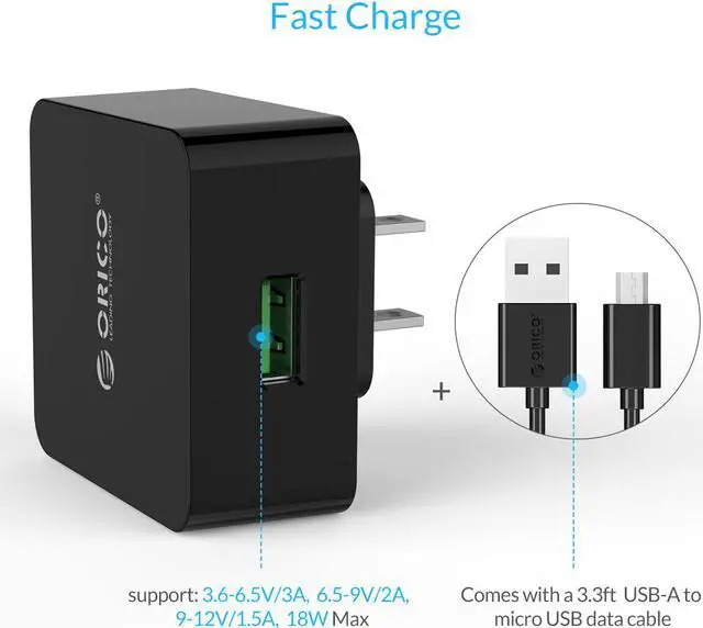 Alt view image 4 of 7 - ORICO Quick Charge 3.0 18W USB Wall Charger for Nexus 6, Galaxy S6/S6 Edge/Note 4/Note Edge, HTC One M8/M9, Sony Xperia Z3/Z2 and More - Black (QTW-1U-US)