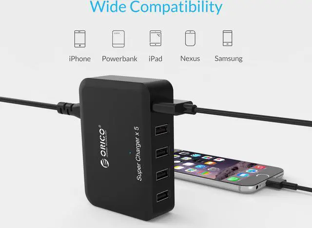 Alt view image 3 of 7 - ORICO 5 Port 5V2.4A Fast Desktop Charger 40W 8A Max USB Travel Smart Charging Station W/ Intelligent Charging IC for iPhone 7 / 7 plus, iPad Air 2 / mini 3, Samsung,HTC