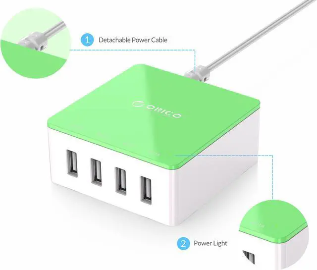 Alt view image 2 of 7 - ORICO Electrical 5 Port Desktop USB Charger Green with 2 Prong Power Cord 30W Power Output for Tablet iPhone , iPad Air,iPad Pro, Galaxy, Pixel [CSK-4U] GREEN