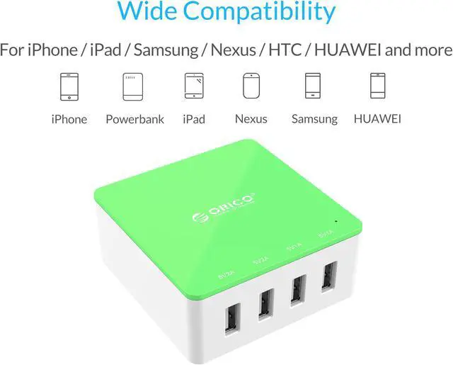 Alt view image 4 of 7 - ORICO Electrical 5 Port Desktop USB Charger Green with 2 Prong Power Cord 30W Power Output for Tablet iPhone , iPad Air,iPad Pro, Galaxy, Pixel [CSK-4U] GREEN
