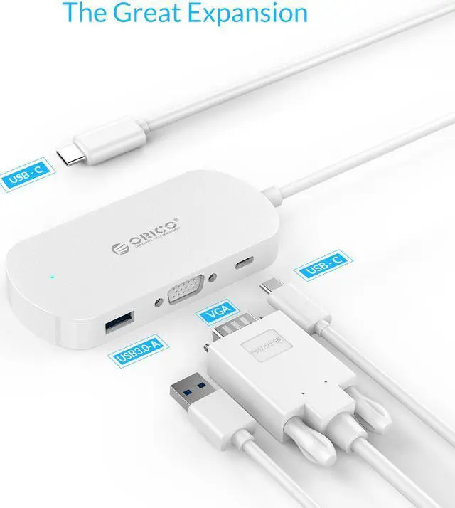 Alt view image 2 of 7 - ORICO Type-C USB3.0 Hub with VGA Adapter,USB3.0 Type-C to VGA / USB3.0 Type-A / USB3.1 Type-C Adapter with PD Function for Windows XP, Vista, 7, 8, 8.1, 10, Mac OS and Linux -White
