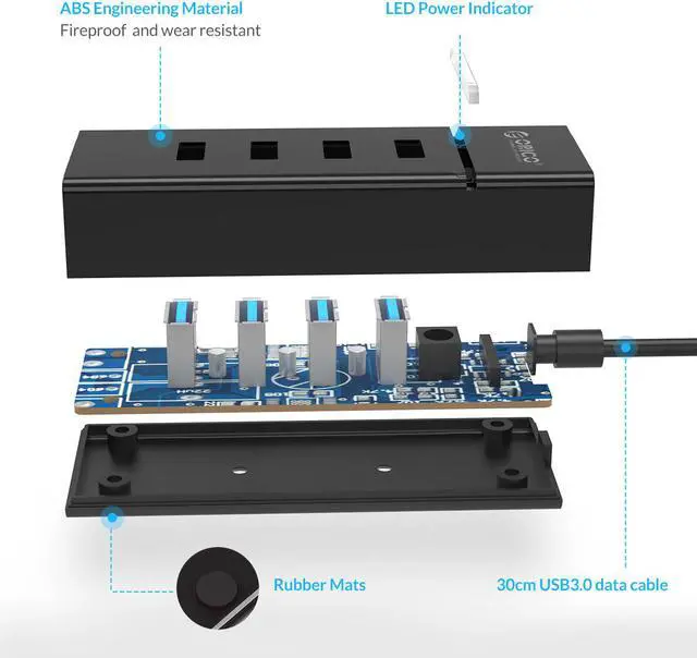 Alt view image 4 of 7 - ORICO 4-Port USB 3.0 HUB Super Speed 5Gbps With LED Indicators, 1 ft Data Cable for Desktop, iMac, Surface Pro, XPS, USB Flash Drives, Mobile HDD, and More - Black