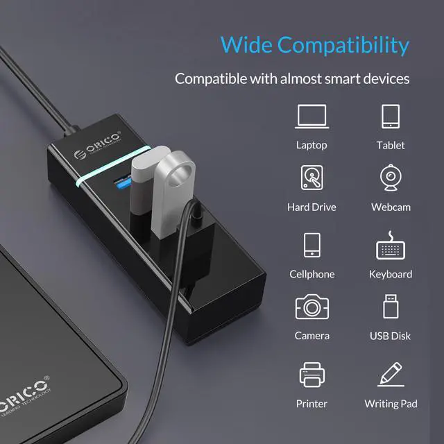 Alt view image 5 of 7 - ORICO 4-Port USB 3.0 HUB Super Speed 5Gbps With LED Indicators, 1 ft Data Cable for Desktop, iMac, Surface Pro, XPS, USB Flash Drives, Mobile HDD, and More - Black